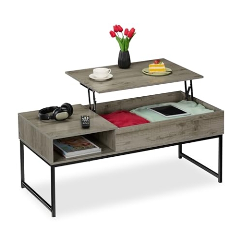 Relaxdays Couchtisch aufklappbar, HBT: 45x110x50 cm, Seitenfach, Wohnzimmertisch mit Stauraum, Holzoptik & Metall, grau