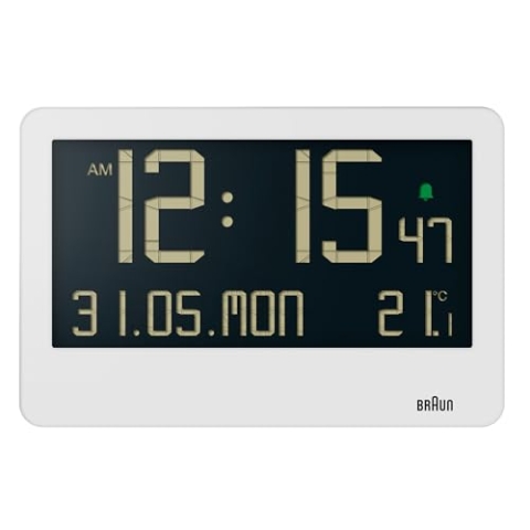 Braun Digitale Wanduhr mit Innentemperatur, Datum, Wochentag, großem umgekehrtem LCD-Display, Schnelleinstellung, Piepton-Alarm in Weiß, Modell BC14W.