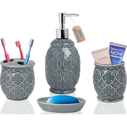 Designer 4-TLG. Bad-Accessoire-Set - Keramik-Bad-Set mit Flüssigseifen- oder Lotion-Spender, Zahnbürstenhalter, Becher und Seifenschale - Dekoratives Set mit geprägten Details - Vanity-Accessoire