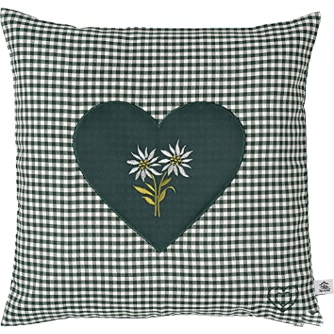 Zirbenkissen Bestickt mit Herz und Edelweiss grün karriert Größe 40x40 cm befüllt mit Zirbenflocken aus Zirbenholz in extra Inlett