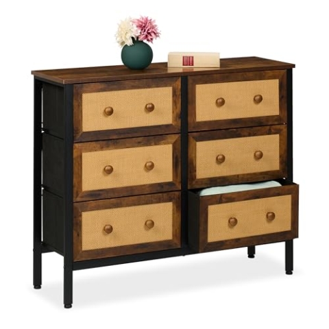 Relaxdays Kommode, 6 Schubladen, Rattan-Optik, Flur, Schlafzimmer, HBT: 83x100x32 cm, Sideboard, Metall, braun/schwarz