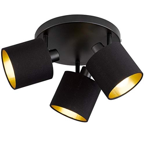 Reality Leuchten Tommy R80333979 Spotbalken, Metall Schwarz Matt, Stoffschirm Schwarz/Goldfarbig