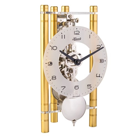Hermle Skelett-Tischuhr mit eloxierten Aluminiumsäulen - Dreieck 23025-500721, arabisches Zifferblatt Glas, Gold, Werk vernickelt, 19,5cm x 11cm x 9cm