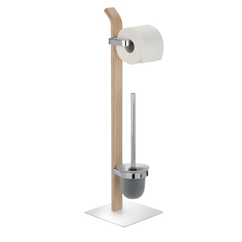 WENKO Stand WC-Garnitur Samona Nature, aus Holz mit Chrom-Akzenten, Toilettenpapierhalter & Toilettenbürste