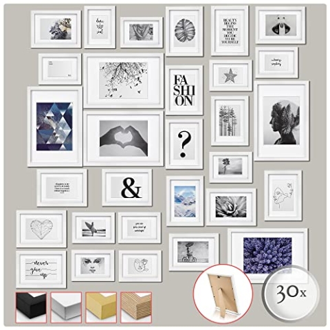 bomoe 30tlg Bilderrahmen Set Verschiedene Größen 10x 10x15cm, 15x 13x18cm, 5x 20x30cm – Bilderrahmen Holz Set Fotowand Fotorahmen Bilderrahmen Collage Weiß inkl. Passepartout & Aufsteller – Emotion