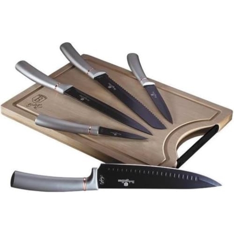 Berlinger Haus Moonlight 5er Set Profi Küchenmesser, Bambus Schneidebrett, Edelstahlklinge, Antihaftbeschichtung, Kochmesser Brotmesser Tranchiermesser Schälmesser Mehrzweckmesser, Grau, BH-2556