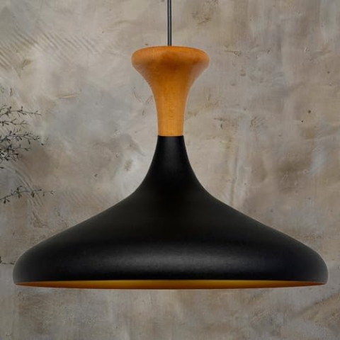 bamyum Champion Pendelleuchte aus Holz, 35 cm Hängelampe Metall E27 Moderne Esstisch Lampe, Skandinavisch Pendellampe für Schlafzimmer Wohnzimmer Küche Esstisch, Küchenlampe Hängend Schwarz