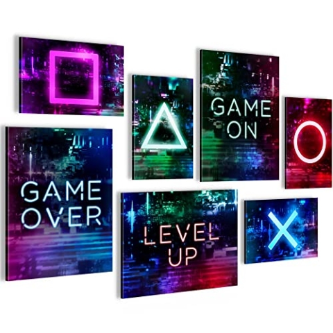Novart Wandbilder Spielkonsole Gamer - KOMPLETT AUFHÄNGFERTIG - Bunt Kinderzimmer Junge Teenager - 7 Moderne Mood-Bilder - N021371a