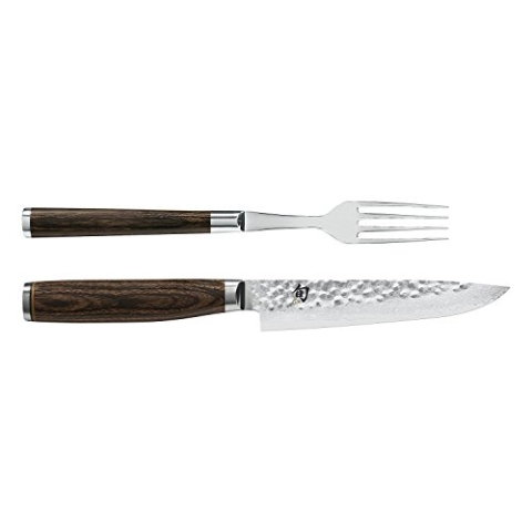 KAI Shun Premier Tim Mälzer japanisches Besteck 2er Set - Gabel 22 cm Gesamtlänge + Steakmesser 25 cm Gesamtlänge - Damastmesser 32 Lagen VG MAX Kern - 61 (±1) HRC - Pakkaholzgriff - Made in Japan