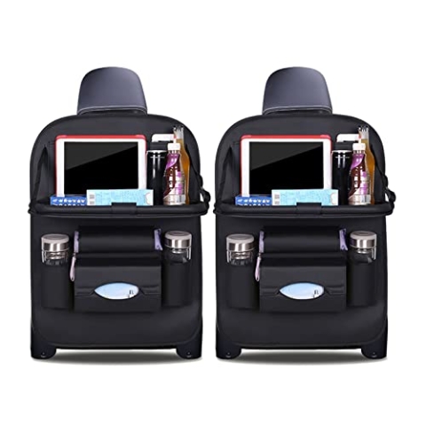 Ergocar Auto Organizer Rückenlehnenschutz Luxus Autositzschutz aus PU-Leder mit faltbarem Tablethalter wasserdicht Rückenlehnenschutz Rückenlehnen-Tasche für Kinder (Schwarz - 2 Pack)