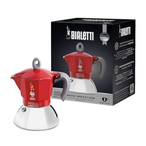 Bialetti - Moka Induction, Moka-Kanne, Geeignet für Alle Herdarten, 2 Tassen Espresso (100ml), Rot