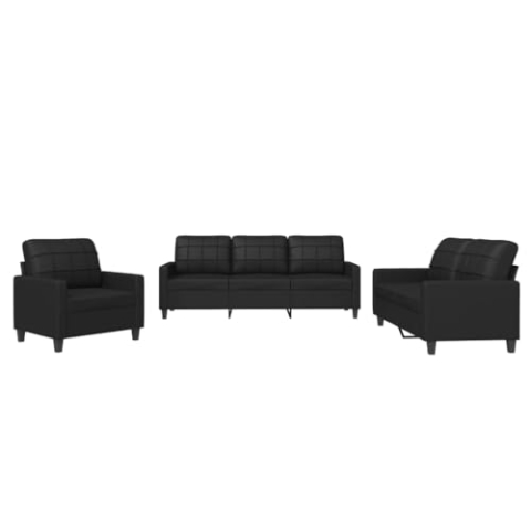 vidaXL Sofagarnitur 3-TLG., Sessel Couch mit Kissen, Sofa Wohnzimmersofa mit Armlehnen, Couchgarnitur Designsofa Sitzmöbel Polstermöbel, Schwarz Kunstleder