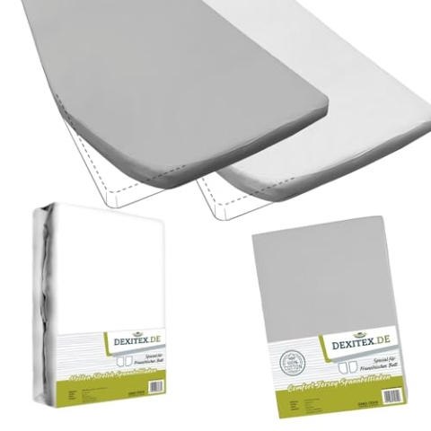 Dexitex - Spannbettlaken Wohnmobil 2er Set - 1 Spannbettlaken Grau + 1 Matratzenschoner (125-155cm x 200cm)- Französische Bettwäsche - für Wohnwagen Bett - Oeko-TEX - 100% Baumwolle - Links - Grau