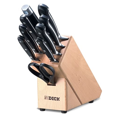 F. DICK Holzmesserblock Premier Plus 9-teilig (Messerblock aus Holz, Set inkl. Kochmesser, Tranchiermesser, Officemesser, Ausbeinmesser, Küchenschere, Fleischgabel + Wetzstahl) 88070000, 35 cm