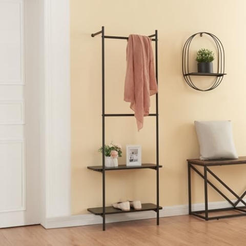[en.casa] Garderobenständer Bremanger Wandgarderobe mit 2 Ablagen Metallgarderobe mit 2 Kleiderstangen Regal Kleiderständer aus Stahl 162x60x26cm Schwarz