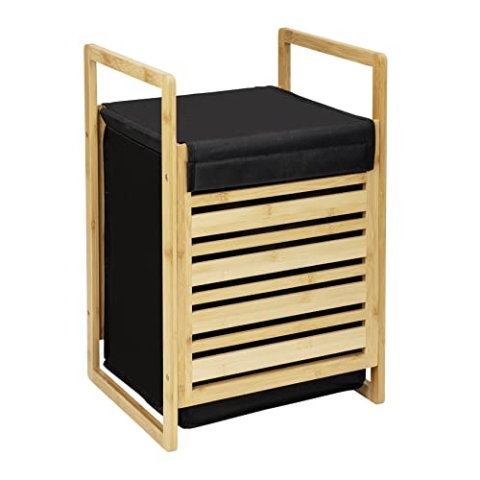 WENKO Wäschetruhe Mod. Ecori, Wäschesammler 47 Liter, aus FSC®-zertifiziertem Bambus, Wäschesack herausnehmbar aus recyceltem Polyester, 40 x 60 x 35, Natur/Schwarz