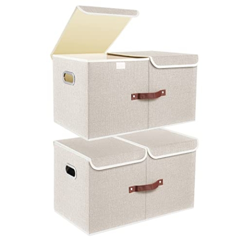 TYEERS Extra Große Aufbewahrungsbox mit Deckel und Fächern, Stoff, Faltbare, Waschbare, Kisten Aufbewahrung mit Deckel, 55x33x30 cm, 2-Stück, Beige