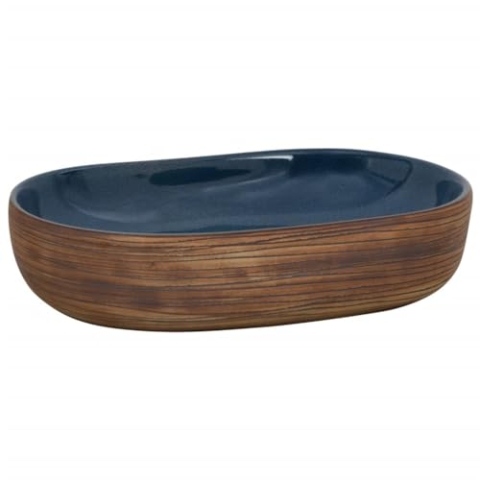 vidaXL Aufsatzwaschbecken, Oval Waschbecken mit Muster, Handgefertigt Waschtisch Waschschale für Badezimmer, Handwaschbecken Spülbecken, Braun Blau 59x40x14 cm Keramik