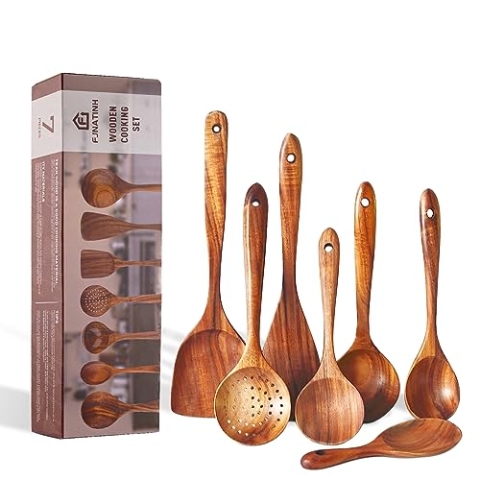 FJNATINH Holzspatel-Set aus natürlichem Teakholz, Küchenhelfer, Holzlöffel