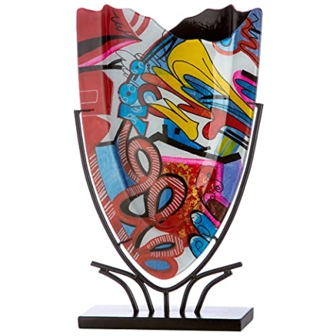 Glas Art Vase Dekovase im Street Art Design auf Metall Ständer - Deko Wohnzimmer - Geschenk für Frauen Geburtstag - Farbe: rot - Höhe 47 cm
