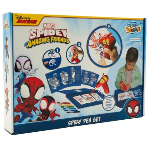 Disney - Marvel - Spidey and his Amazing Friends - Sprühstift-Set Batterie - Airbrush für Kinder - Malset mit Buntstiften und Malvorlagen