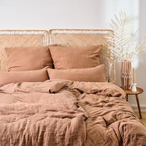 Blumtal Musselin Bettwäsche 4-teilig: 2X 135x200 cm + 2X 80x80 cm - Oeko-TEX zert. Bettwäsche Musselin aus 100% Baumwolle - extra weiches Bettwäsche-Set waschbar bei 40 °C - Sommerbettwäsche Kupfer