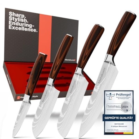 Matakumi 4-teiliges Küchenmesser Scharf - Japanisches Stil Messerset - Küchen Messer - Scharfe Messer - Kochmesser - Chef Knife / 8'' & 5'' Santoku/Ausbeinmesser - Scharfes Küchenmesser