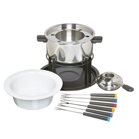 KitchenCraft 3-in-1 Fondue-Set mit farbcodierten Fondue-Gabeln (für Schokoladen-, Fleisch- und Käsefondue), Silber