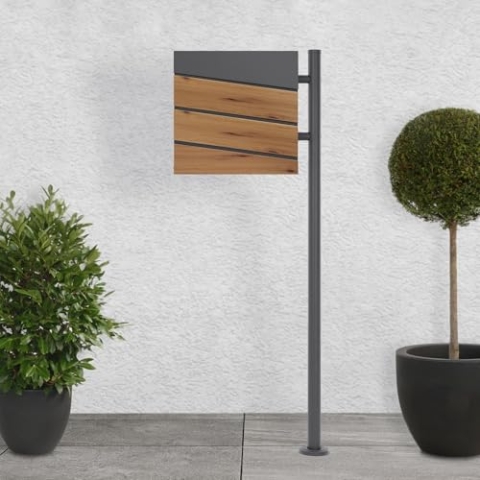 ECD Germany Standbriefkasten mit Zeitungsfach, Design Briefkasten mit Pfosten, Briefkastenanlage, Briefkastenständer 120 cm Anthrazit Edelstahl, Postkasten Anthrazit Holzoptik Stahl 37 x 37 x 11 cm