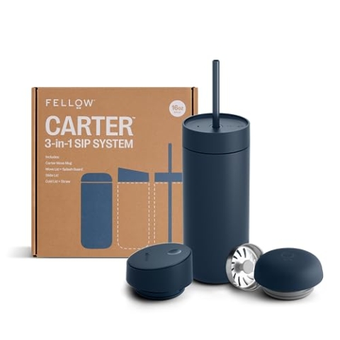 Fellow Carter Bundle (3-in-1) Reisebecher mit Schiebeverschluss, Move & Cold Deckel mit Strohhalm, Kaffeebecher für unterwegs, Keramik-Innenseite, vakuumisolierter Edelstahl, Kaffeetassen, 473 ml