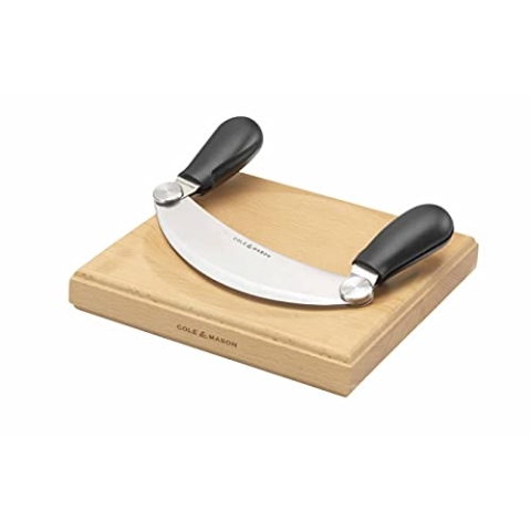 Cole & Mason H105549 Woodhall Wiegemesser und Schneidebrett, Kräuterhacker Rocker/Frischkräuterschneider, Edelstahl/Holz