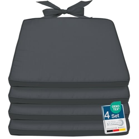 Beautissu Pia 4er Set Stuhlkissen 40x45 cm - Sitzkissen Outdoor Gartenstuhlkissen, Garten Sitzpolster Set für Rattanstühle, Outdoor Sitzkissen trapezförmig, Stuhlauflage Stuhlkissen Graphitgrau