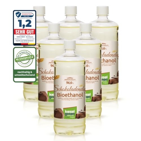 KieselGreen Bioethanol 6 x 1 Liter mit Duft für Ethanol-Kamin, viele Sorten - Bio Ethanol als Raumduft in vielen Duftnoten - Parfüm für Bio Ethanol Kamin Indoor oder Bioethanol Tischfeuer (Schoko)