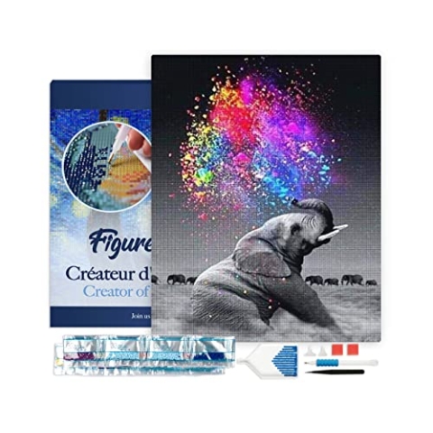 Figured'Art Diamond Painting Erwachsene 40x50cm Mit Rahmen Ganze Leinwand gespannt Elefant und Farben 5D Bilder Eckige Steine - DIY Set Basteln