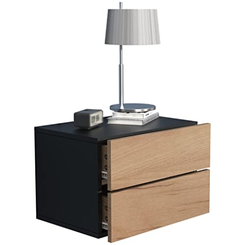 VCM Nachtschrank | Wandschublade | Wandboard | Nachttisch | Maße ca H. 30 x B. 45 x T. 32 cm - Usal L 45 cm Schwarz/Honig-Eiche