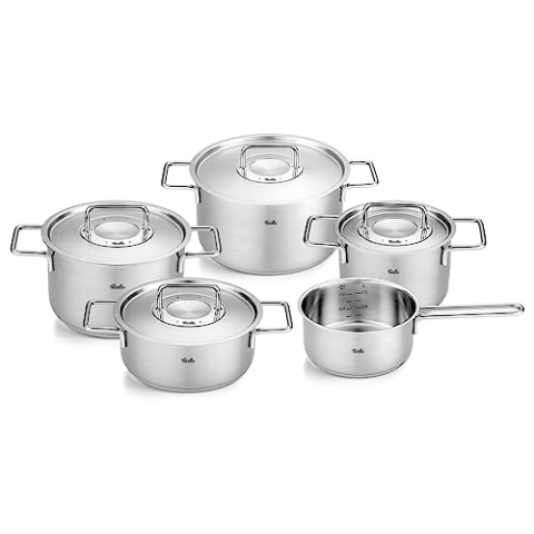 Fissler Pure Collection/Edelstahl-Kochtopfset, 5-teilig, Töpfe mit Metall-Deckel (3 Kochtöpfe,1 Bratentopf 1 Stielkasserolle) - Induktion