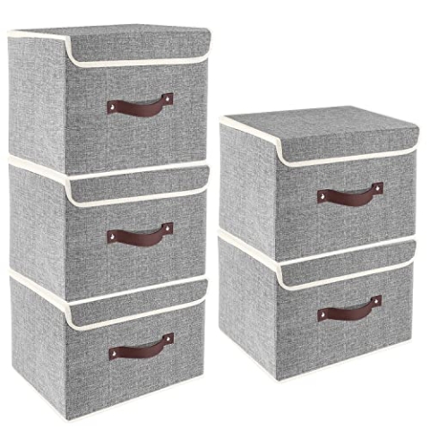 TYEERS Faltbare Aufbewahrungsbox mit Deckel, Stoff, Waschbare, Kisten Aufbewahrung mit Deckel, 38x25x25 cm, 5-Stück, Grau