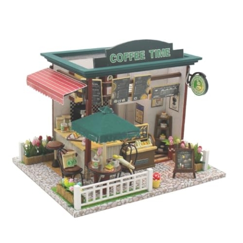 Crafts&Co® DIY Miniature Haus mit Möbeln | DIY Puppenhaus Erwachsene | Hölzernes Puppenhaus-Kit | Holz Mini Haus Modell mit Licht | 1:18 | Kaffeehaus