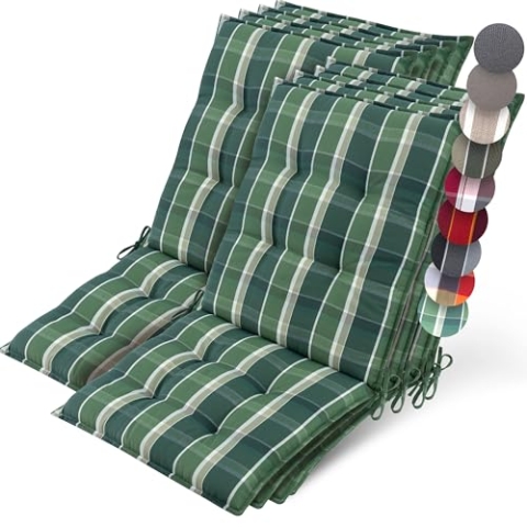 Beautissu 8er Set Premium Niedriglehner Auflage Gartenstuhl 100x50cm Sun-NL – 8cm Dick Polster Gartenstuhlauflage rutschfest Befestigungsbänder UV-Lichtechtheit 5 – Robust Stoff Grün kariert
