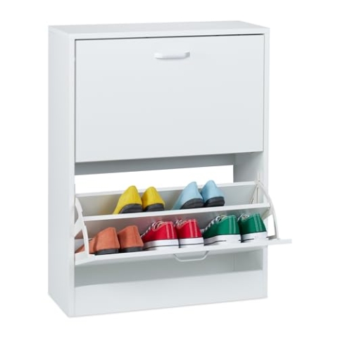 Relaxdays Schuhschrank, HxBxT: 79 x 60 x 24 cm, für 12 Paar, 2 Klappen, schmaler Schuhkipper, Flur Schuhkommode, weiß