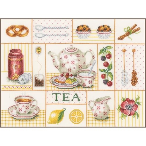 Lanarte Kreuzstich Stickpackungen Gezählter Kreuzstichbilder Set TEA PARTY Wanddekoration Handarbeit Set für Erwachsene 39 x 29 cm DIY Deko Bastelset Handwerker Kreative Geschenkset