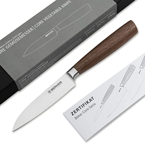BÖKER SOLINGEN® Core Profi Gemüsemesser extrem scharf mit Holzgriff rostfrei - Premium Obstmesser mit gerader Edelstahl-Klinge 9 cm in Geschenk-Box, Braun