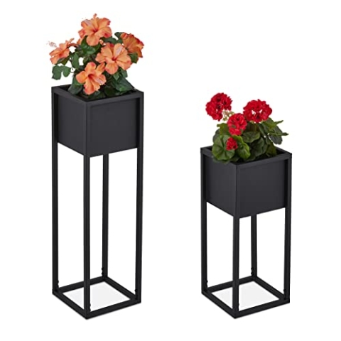 Relaxdays Blumenständer 2er Set, Metall, 2 Größen, mit Gestell, Wohnzimmer & Flur, eckiger Pflanztopfständer, schwarz, Eisen, 70 x 21 x 21 cm