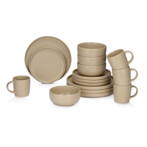 alpina Geschirrset 16-Teilig - Teller Set 4 Personen - Steinzeug Geschirr - Frühstücksteller, Essteller, Schalen und Tassen - Mikrowellen- und Spülmaschinenfest - Sand
