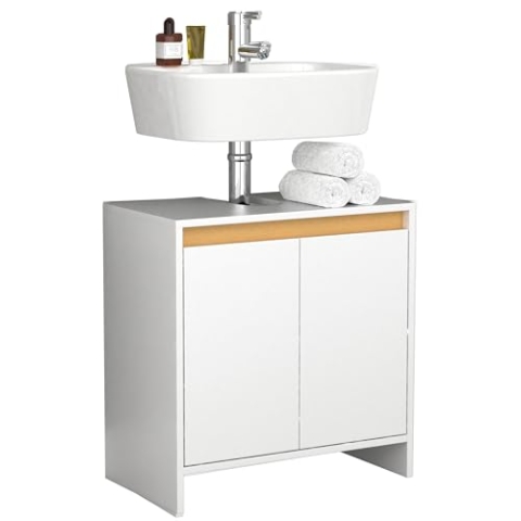VCM Holz Waschbeckenunterschrank | Badschrank | Maße: H. 60 x B. 58 x T. 33 cm | 2 große Drehtüren ohne Griffe - Malira Weiß/Honig-Eiche