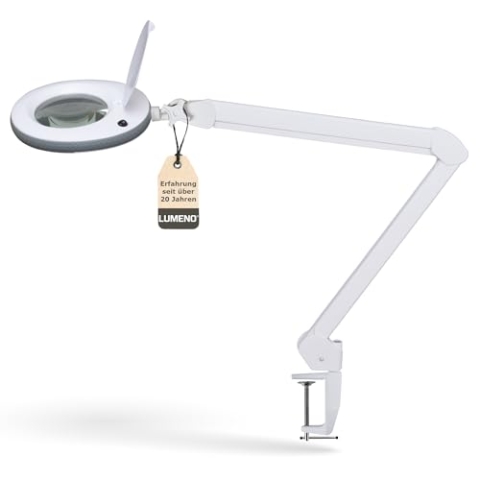 Lumeno LED Lupenleuchte 7218GR Lupenlampe mit 127 mm Echtglaslinse, Arbeitsplatzlampe, Kosmetiklampe, geeignet für Kosmetik, Bastler, Lesehilfe Vergrößerungslampe, 8 Dioptrien Grau