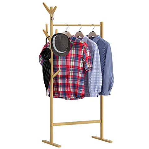 Casaria® Kleiderständer Holz Stabil Bambus Kleiderstange inkl. 8 Haken Offen Freistehend Garderobenständer 165x65cm Schmal Schlafzimmer Flur Garderobe