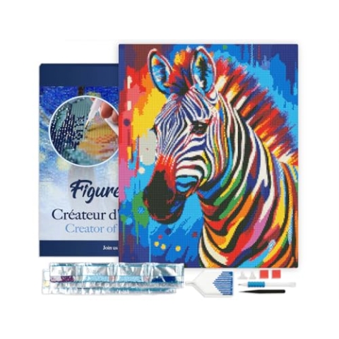 Figured'Art Diamond Painting Erwachsene 40x50cm Mit Rahmen Ganze Leinwand gespannt Zebra Farbenfroh Abstrakt 5D Bilder Eckige Steine - DIY Set Basteln
