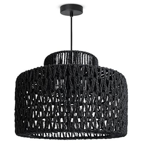 Paco Home LED Pendellampe Pendelleuchte Hängelleuchte Hängelampe für Wohnzimmer Schlafzimmer Esszimmer Schirm Papier E27, Farbe:Schwarz (Ø40cm), Leuchtenart___Farbe:Pendelleuchte - Schwarz