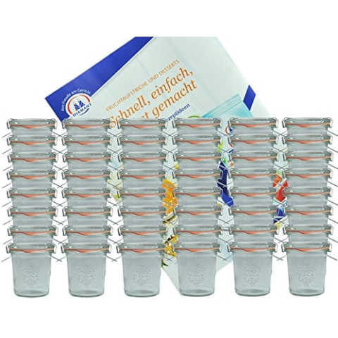 MamboCat 48er Set Weck Gläser 140 ml Sturzgläser mit 48 Glasdeckeln, 48 Einkochringen und 96 Klammern mit Diamant-Zucker Gelierzauber Rezeptheft I Original Weck Einweckgläser für Kuchen Gelees UVM